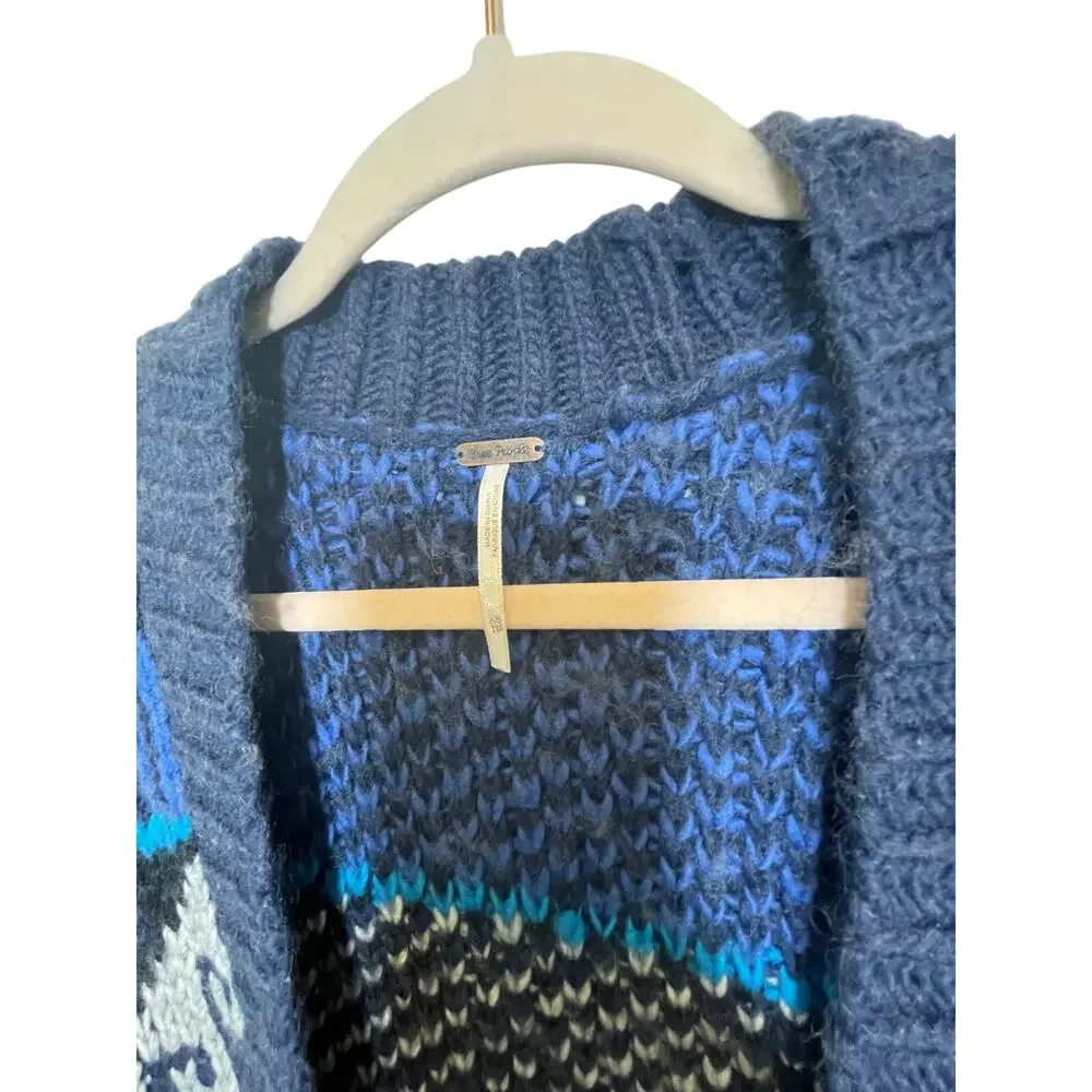 Blue Free People Time and Again Cardigan Fair Isle Wool XS Coastal Grandma